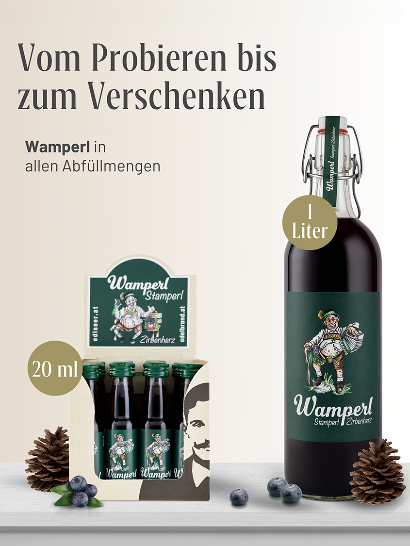 Zirbenlikör | Wamperl Stamperl | Vol. 25% | 24x0,02l Mini Box