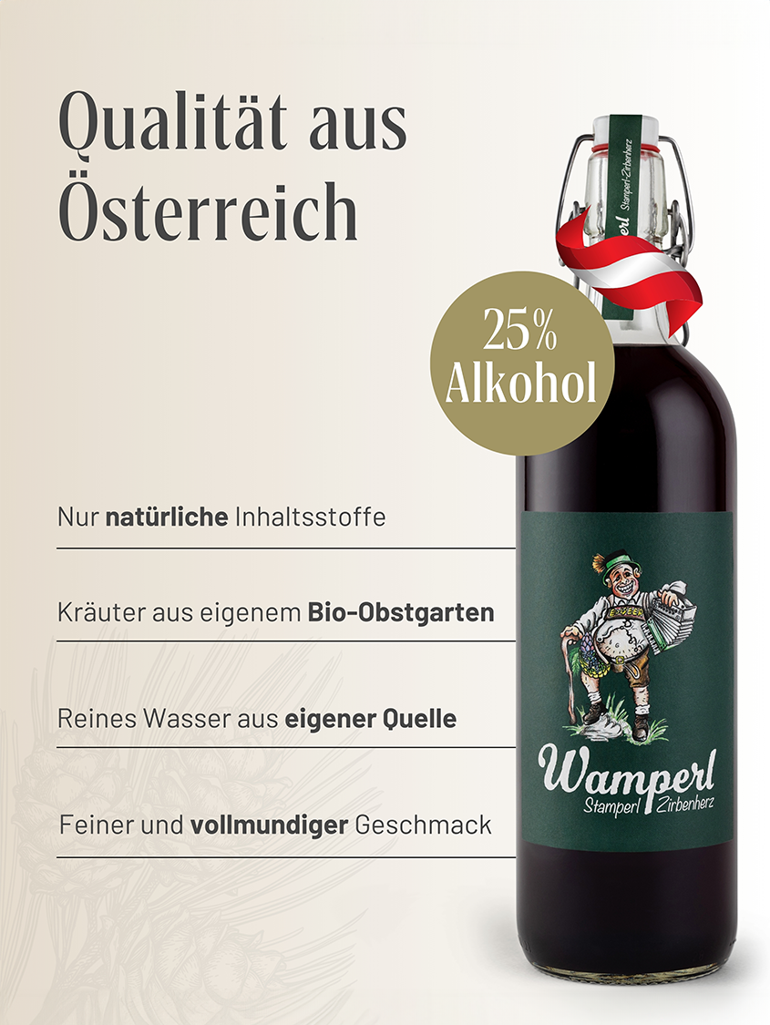 Zirbenlikör | Wamperl Stamperl | Vol. 25% | 24x0,02l Mini Box